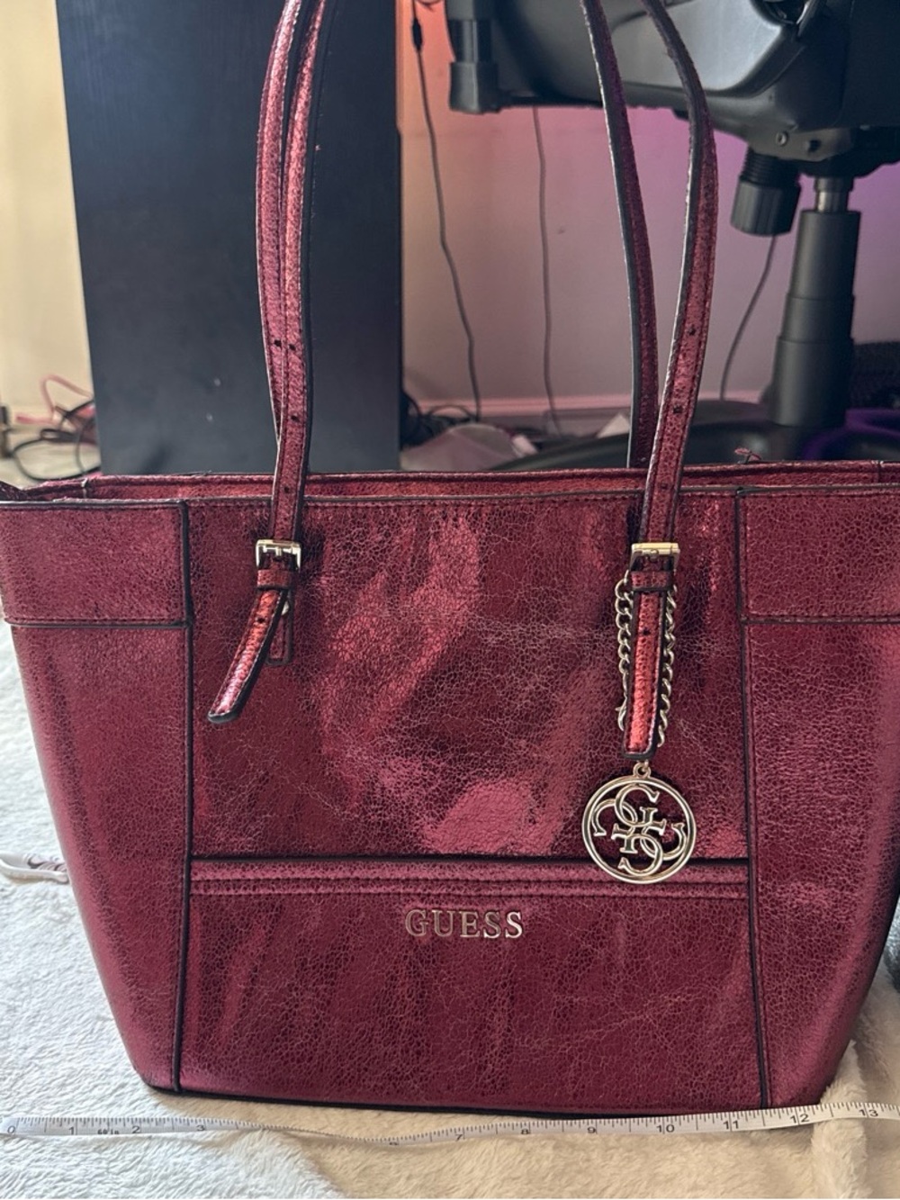 GUESS Metallic Wine Red Tote Bag with Logo Charm